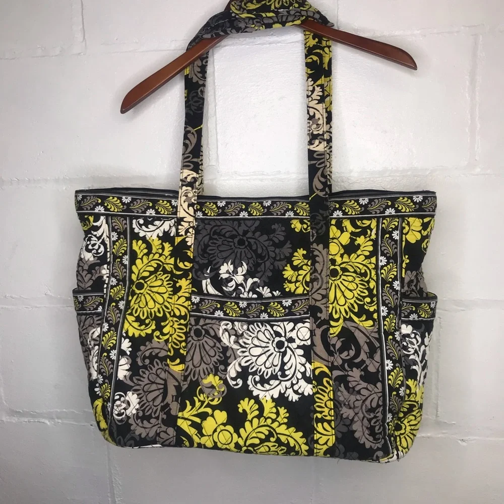 Vera Bradley Baroque Quilted Large Tote Bag Zipper Top Black Yellow Travel - Picture 6 of 10
